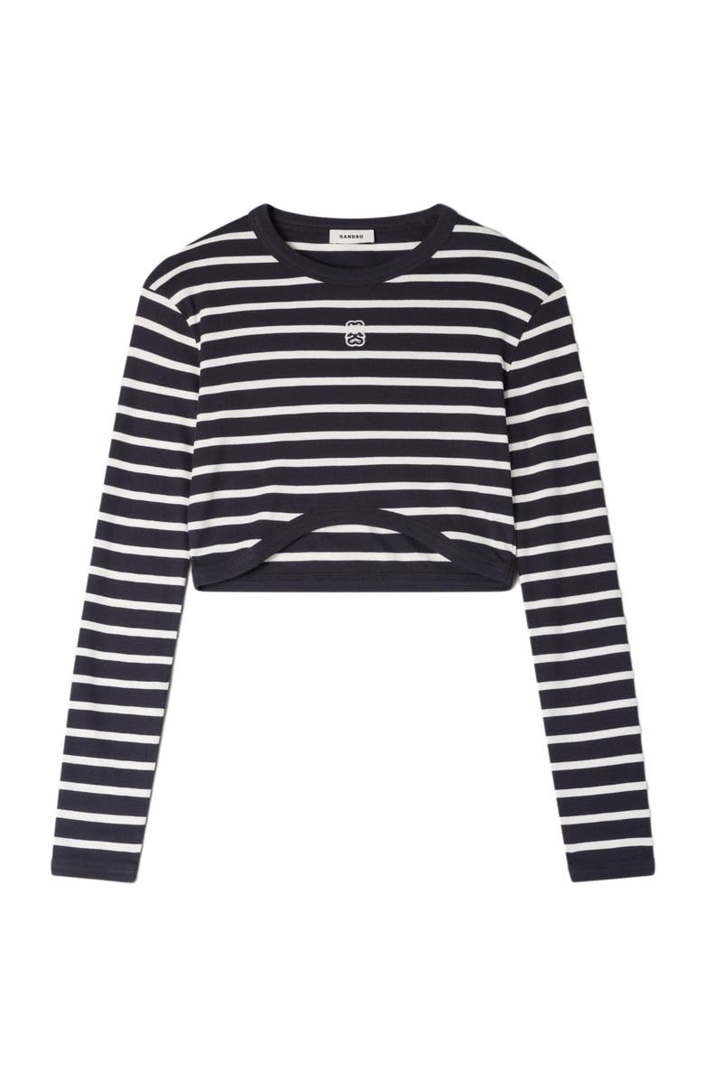 SANDRO Cropped striped cotton T-shirt, Alternate, color, Marine / Blanc