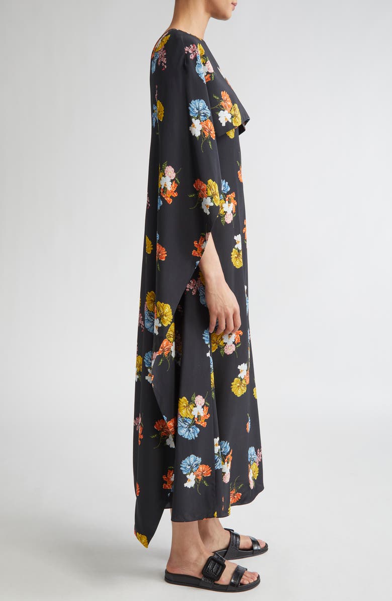Emilia Wickstead Alphonse Floral Silk Crêpe de Chine Cape Dress, Alternate, color, Retro Bouquet On Black