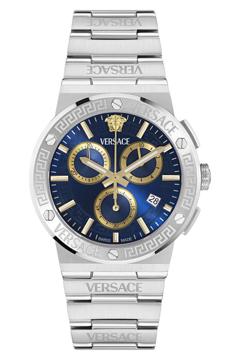 Greca Logo Chronograph Bracelet Watch, 40mm, Main, color, STAINLESS STEEL