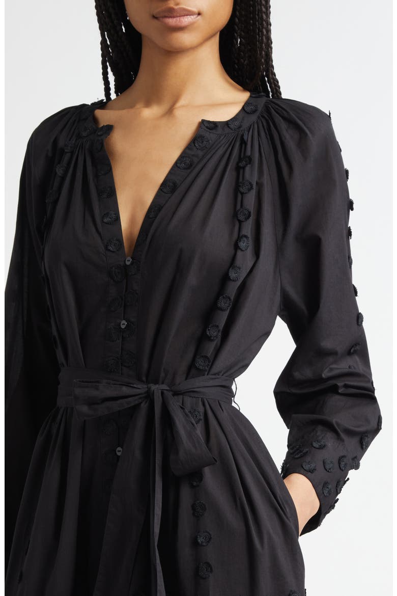 Emera Embroidered Tie Waist Long Sleeve Midi Dress, Alternate, color, NOIR