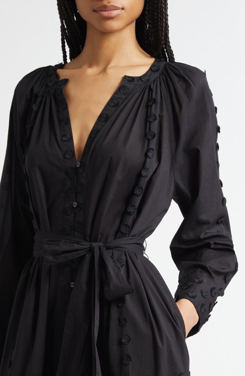 Ulla Johnson Emera Embroidered Tie Waist Long Sleeve Midi Dress, Alternate, color, Noir