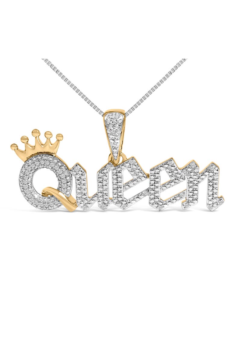 14K Yellow Gold Plated Sterling Silver 1/10 Cttw Diamond "Queen" Nameplate Pendant Necklace, Alternate, color, Yellow Gold over Silver
