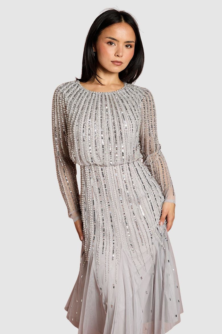 Petite Party Sequin Midi Dress, Alternate, color, Grey Mist