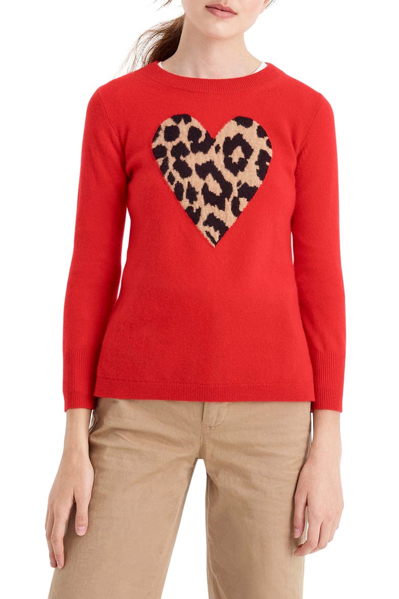 Leopard Heart Everyday Cashmere Sweater, Main, color, BRIGHT CERISE LEOPARD