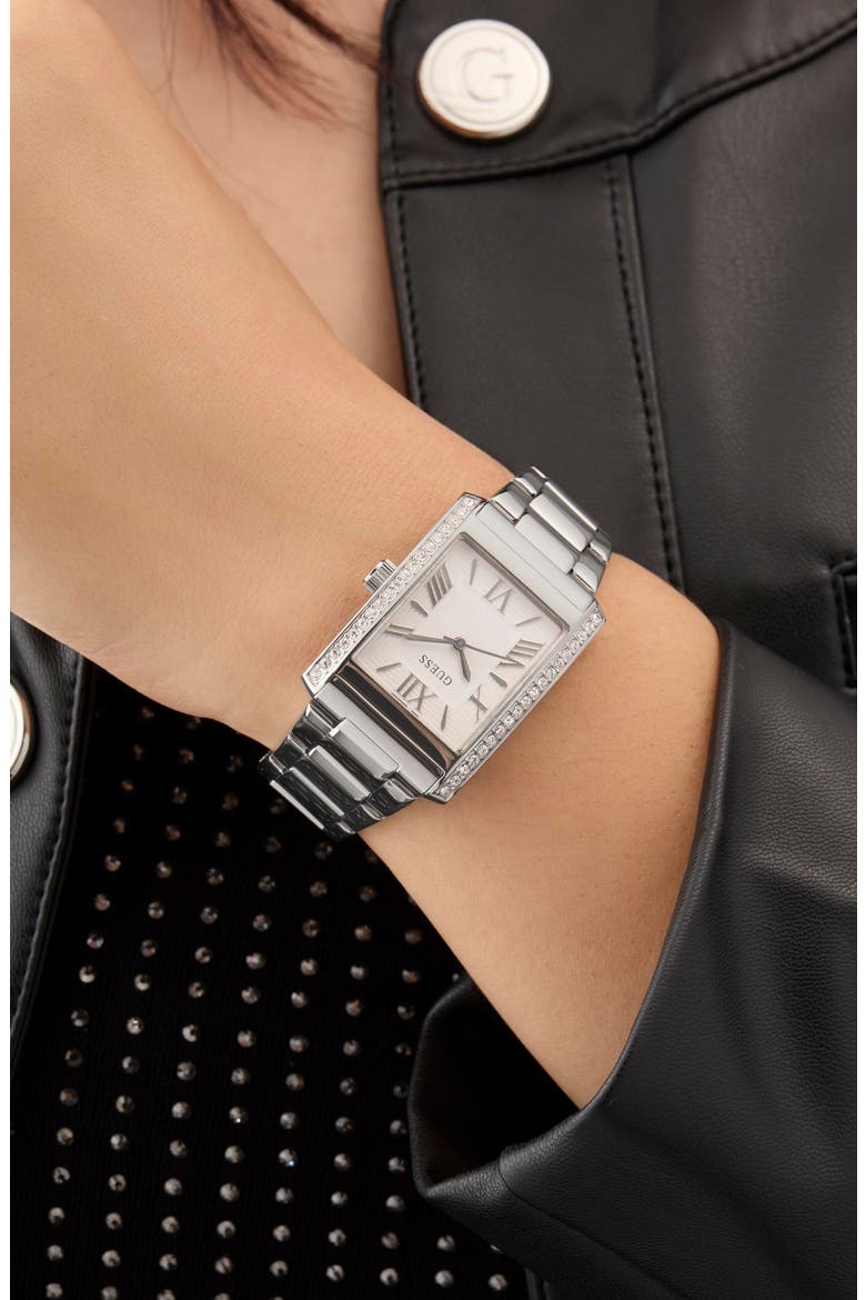 Bonnie Pavé Crystal Bezel Silvertone Bracelet Tank Watch, 27mm, Alternate, color, SILVER