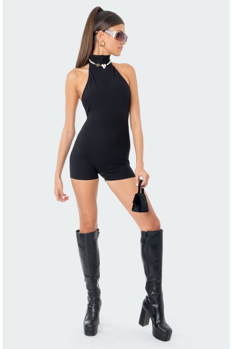Annie Halter Neck Rib Romper, Alternate, color, BLACK