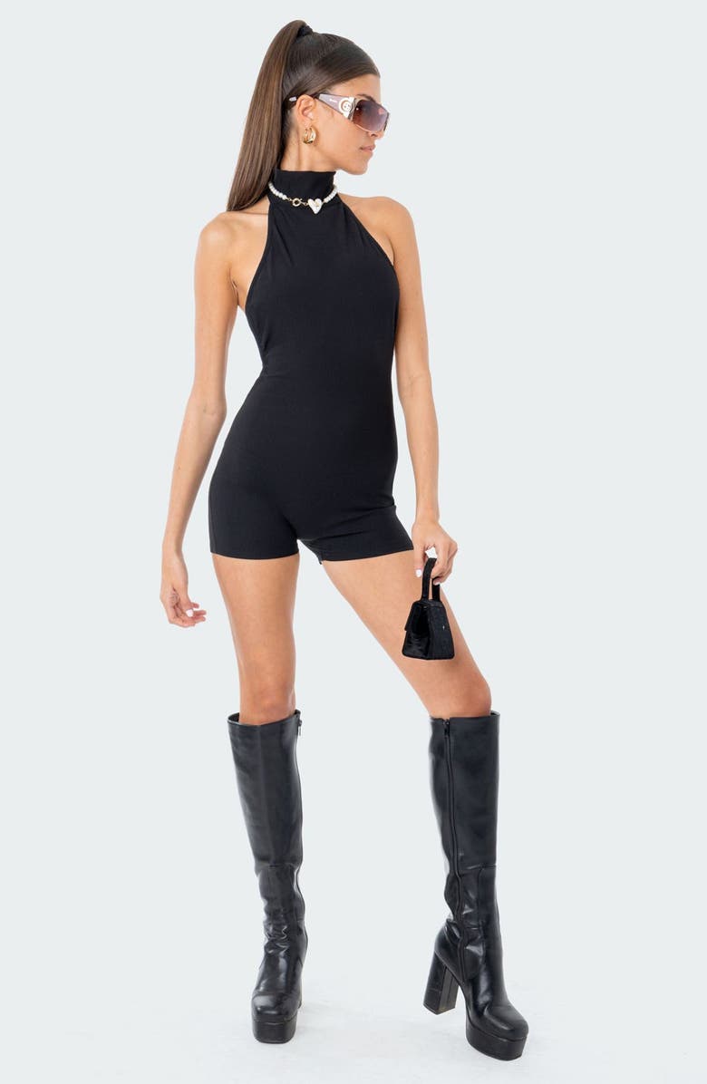 EDIKTED Annie Halter Neck Rib Romper, Alternate, color, Black