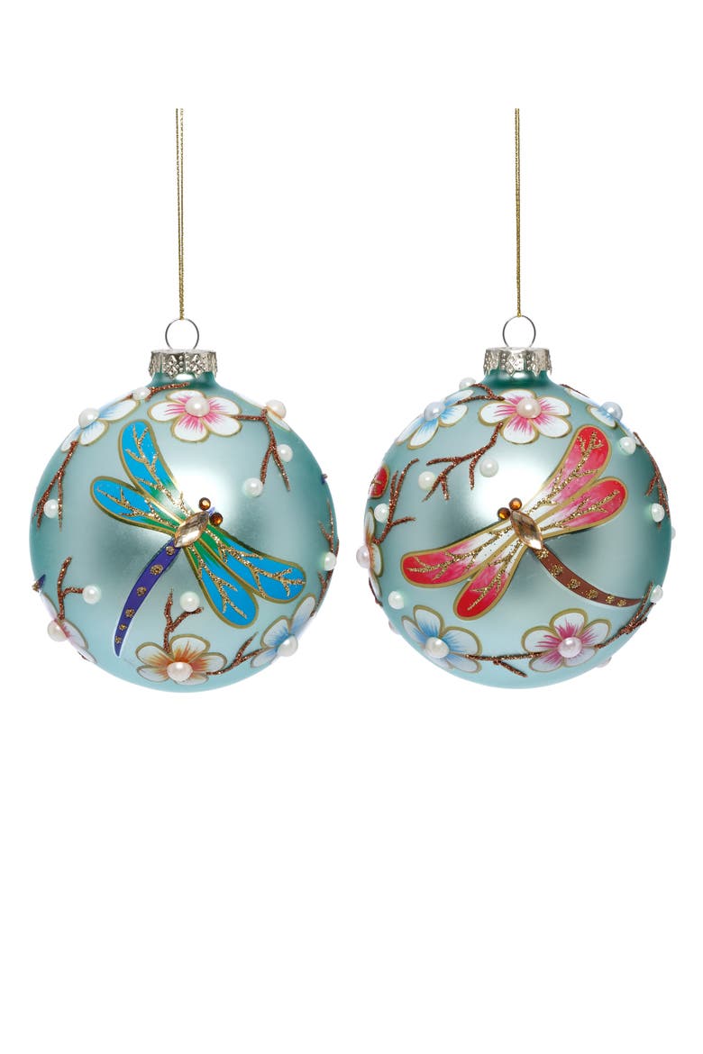 Dragonfly Floral Ball Ornament, Set of 6, Main, color, Frosted Light Blue