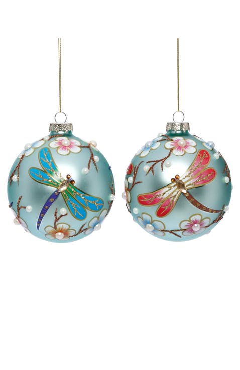 Dragonfly Floral Ball Ornament, Set of 6