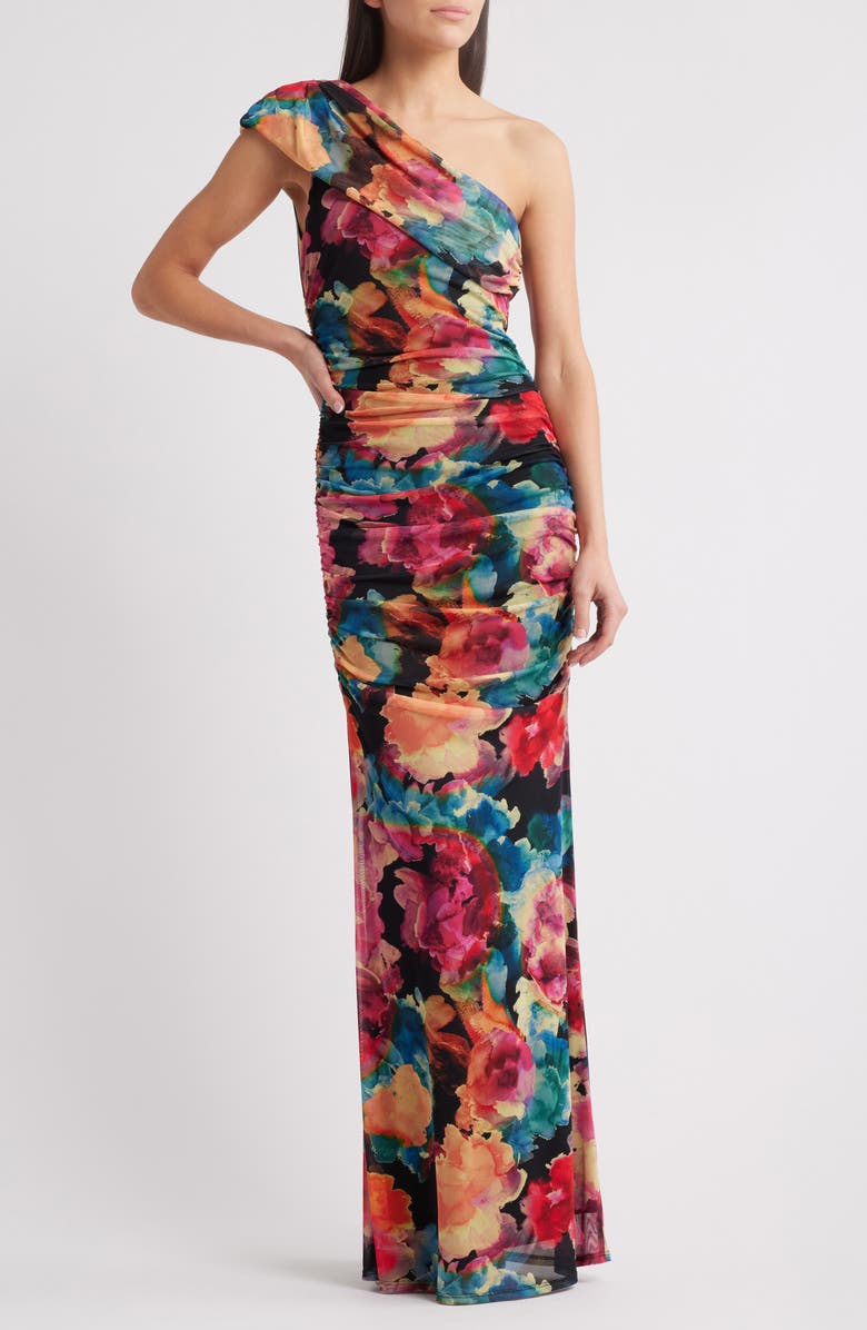 Black Halo Rosario Ruched One-Shoulder Maxi Dress, Main, color, Rainbow Canvas