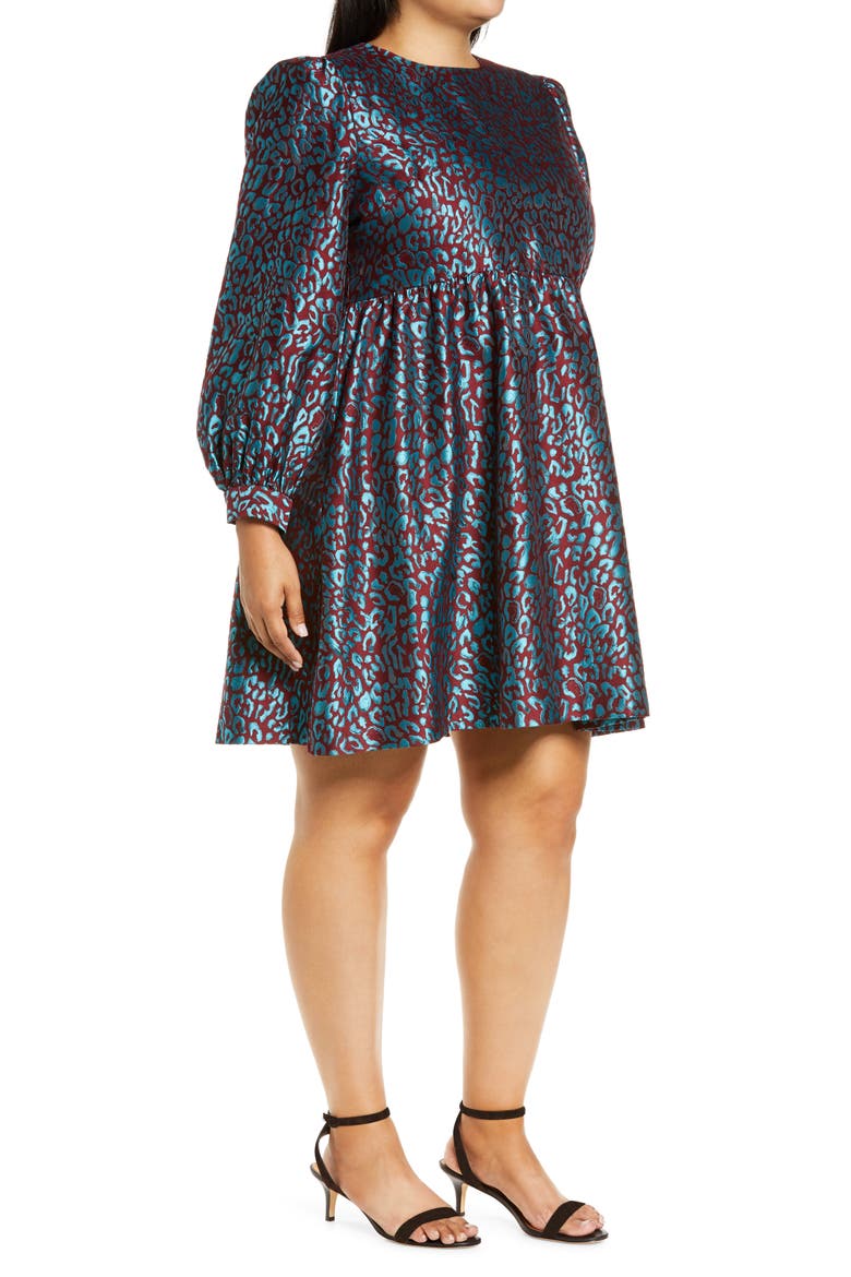 x Atlantic-Pacific Leopard Jacquard Long Sleeve Dress, Alternate, color, TEAL- MAROON LEOPARD