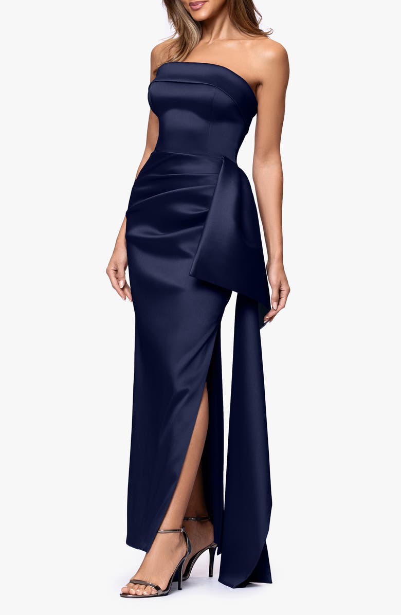 Xscape Evenings Ruffle Strapless Mikado Column Gown, Alternate, color, Navy