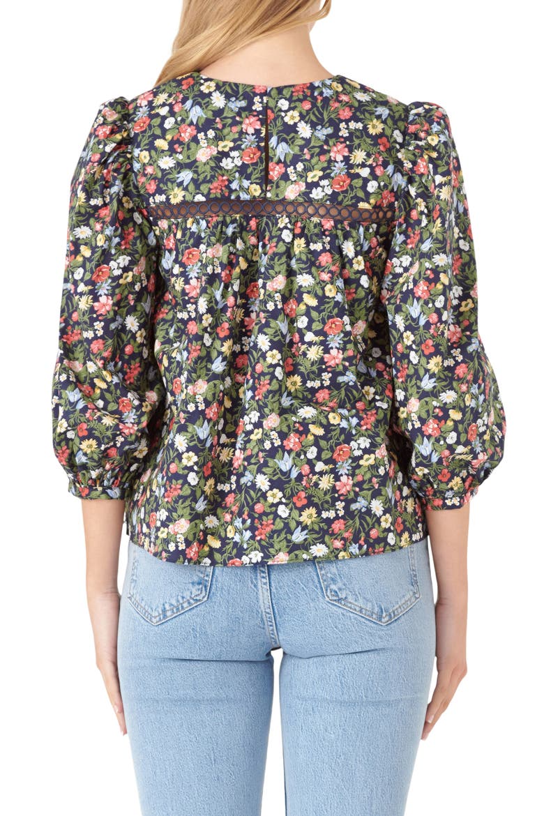 Floral Pintuck Detail Cotton Popover Top, Alternate, color, NAVY