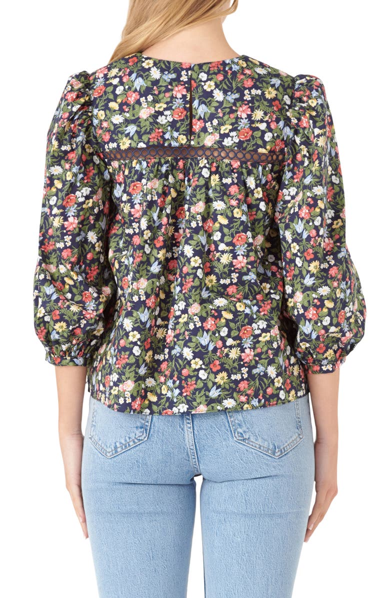 English Factory Floral Pintuck Detail Cotton Popover Top, Alternate, color, Navy