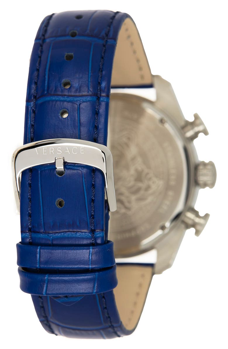 Versace Chronograph Croc Embossed Leather Strap Watch, 44mm, Alternate, color, Stainless Steel