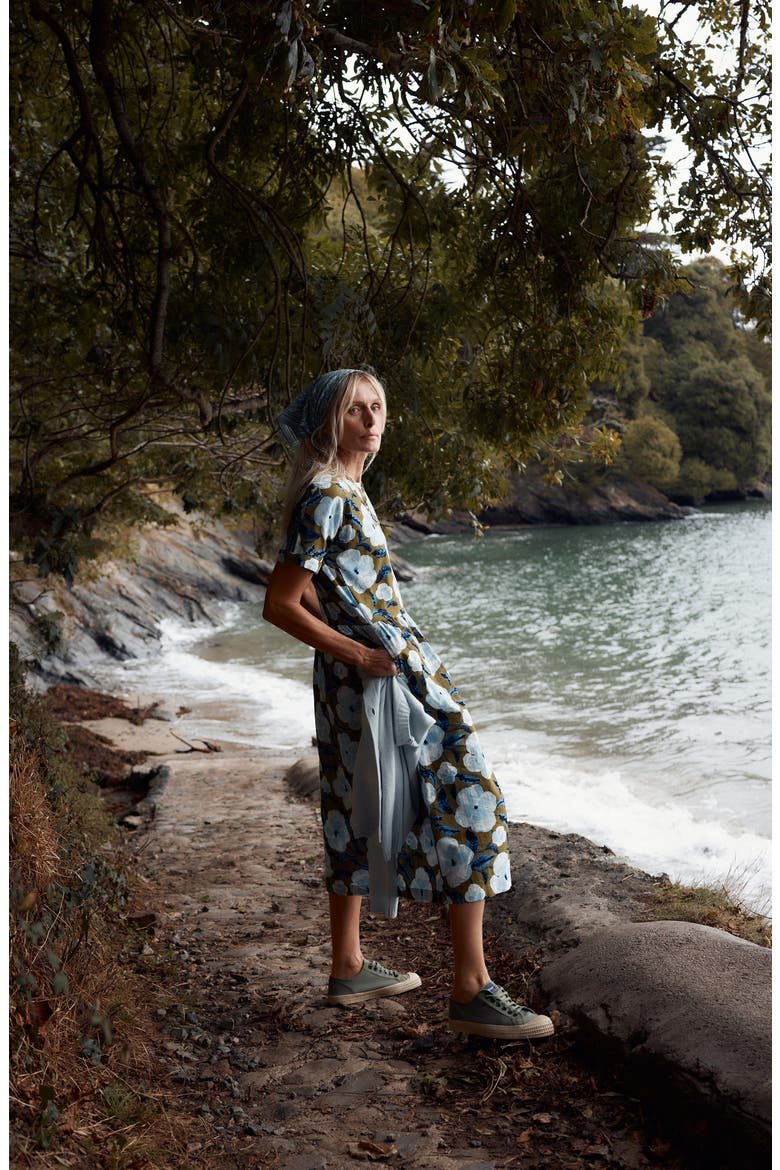 Brouse Floral Print Organic Cotton Midi Dress, Alternate, color, SPRING PANSY SEAGRASS