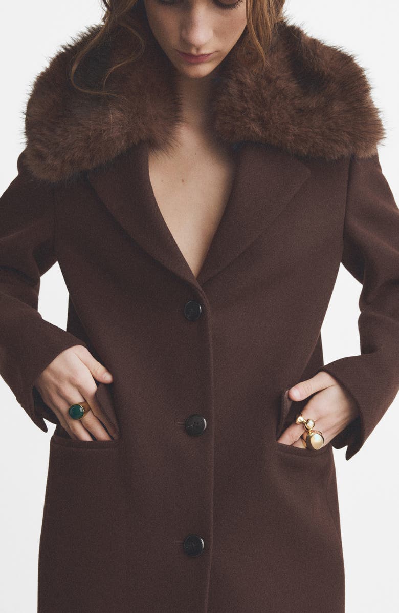 MANGO Lips Wool Blend Coat with Faux Fur Collar, Alternate, color, Chocolate