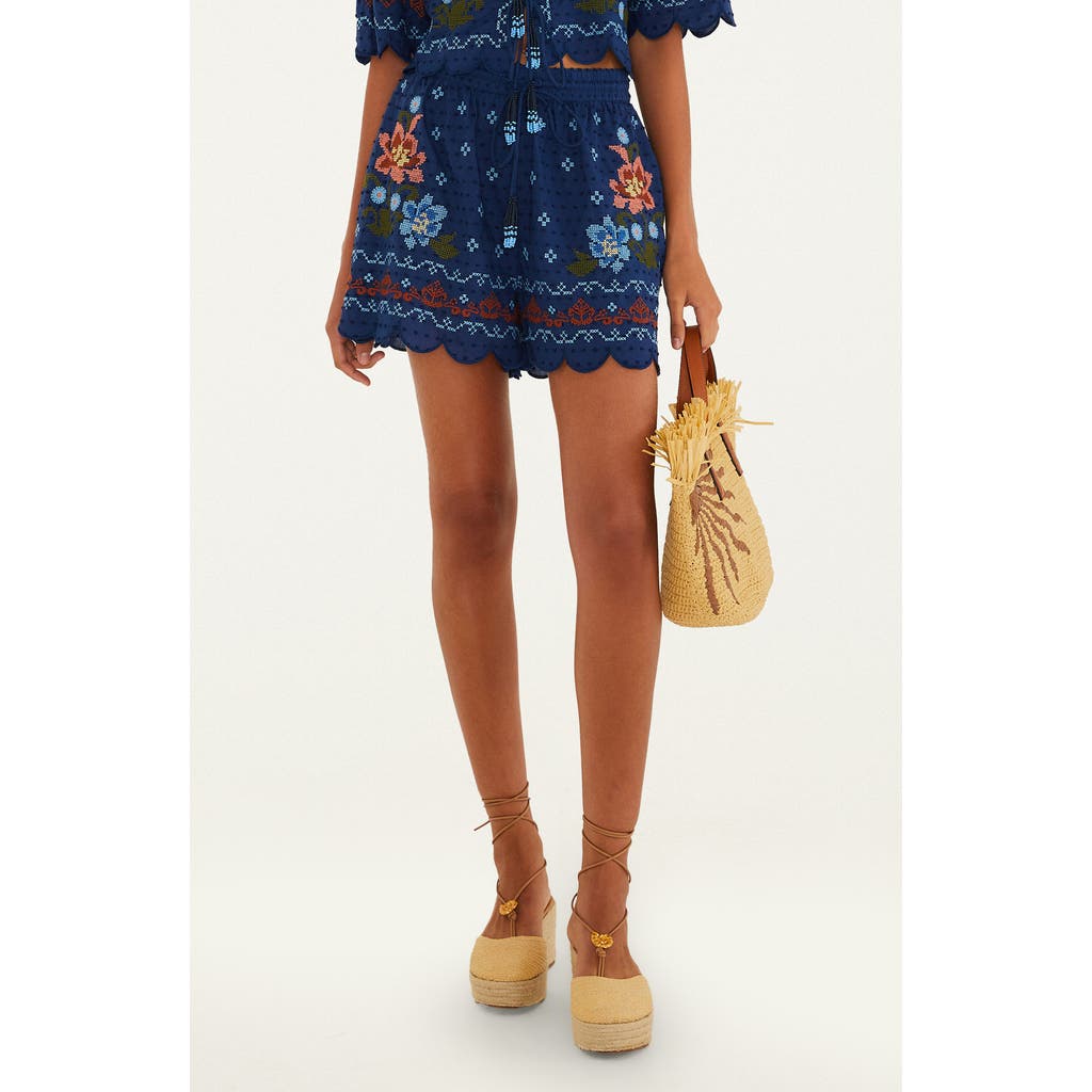 Farm Rio Stitched Garden Cover-up Shorts In Dark Blue