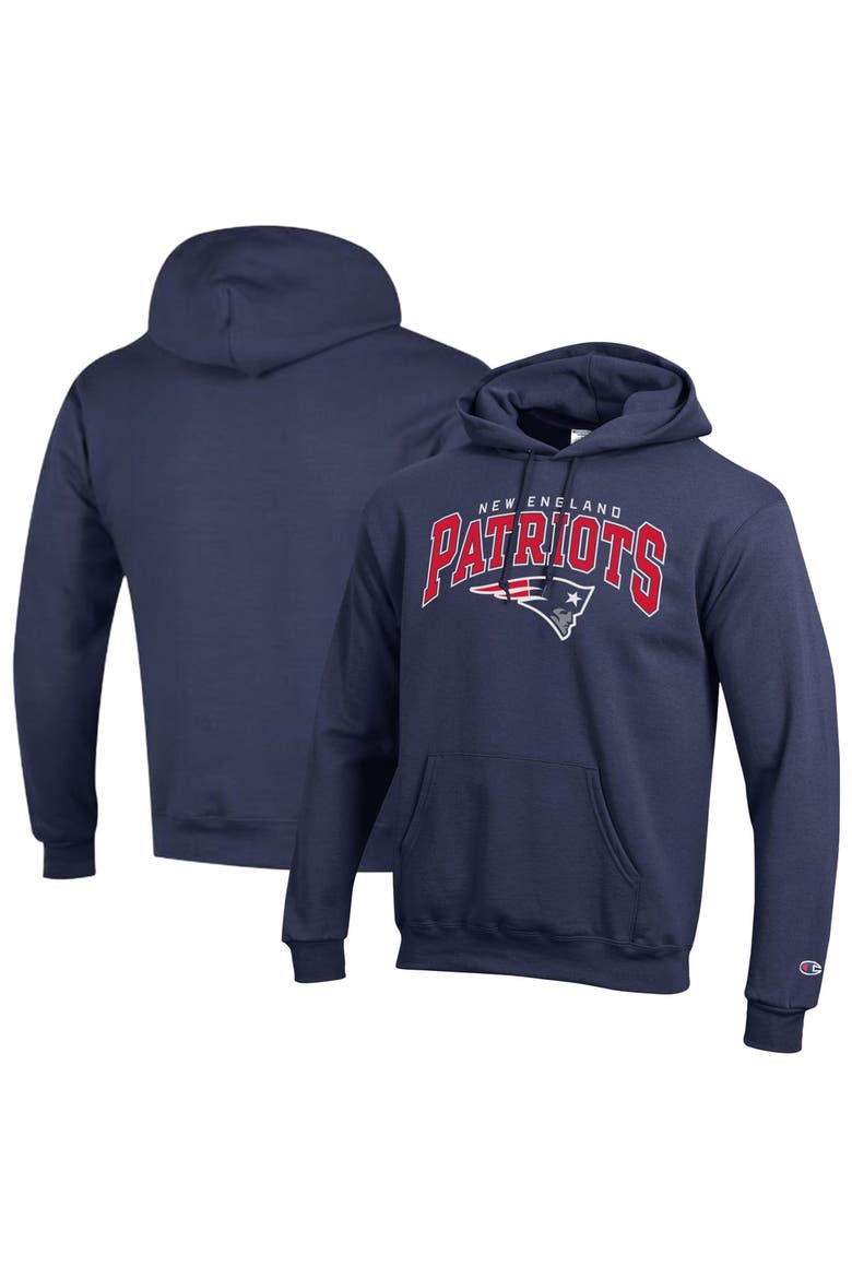Men's Champion Navy New England Patriots Powerblend Arch over Logo Hoodie, Main, color, Navy