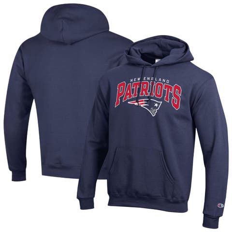 Men's Champion Navy New England Patriots Powerblend Arch over Logo Hoodie
