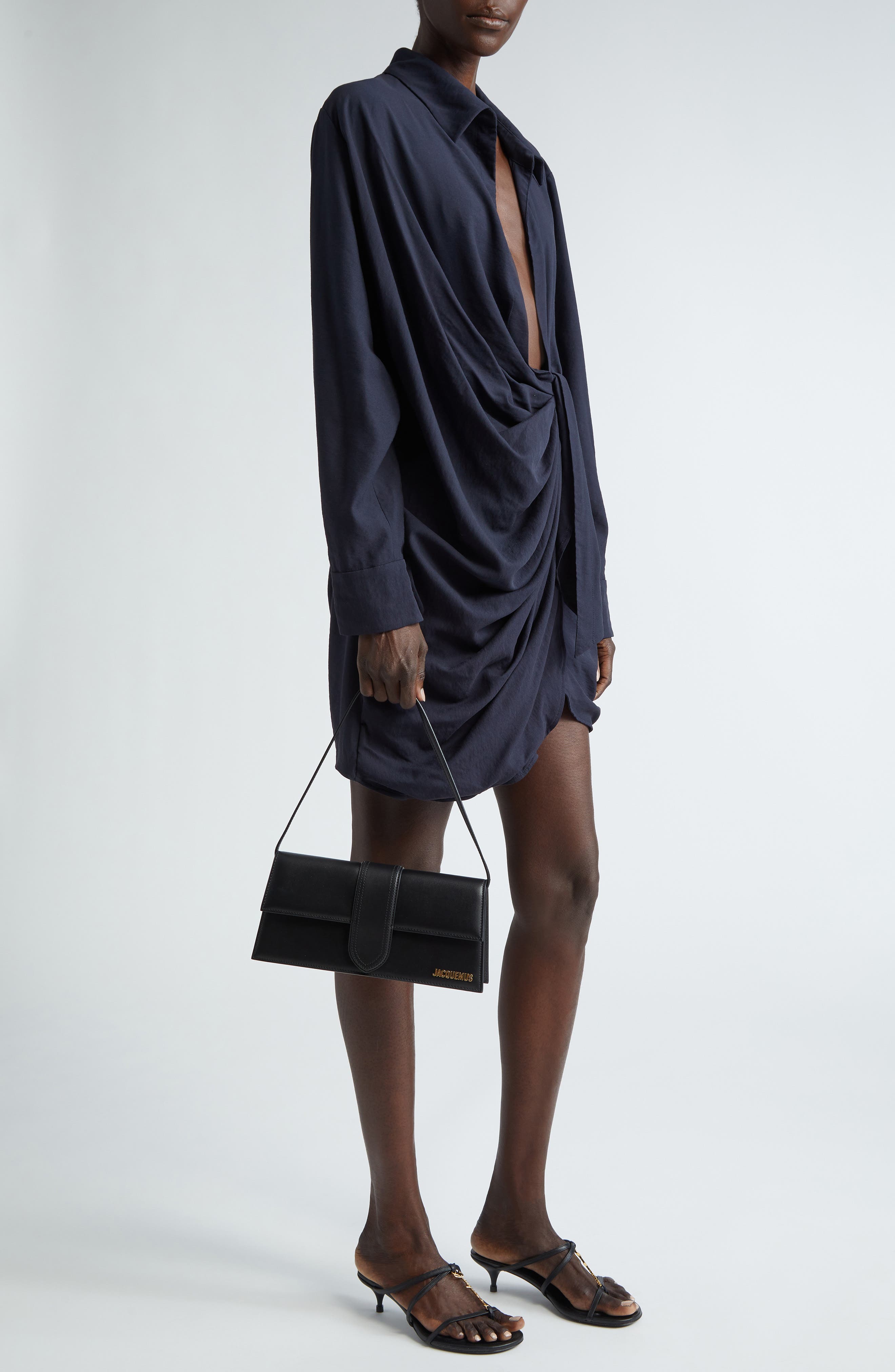 Jacquemus Long Le Bambino Leather Shoulder Bag, Alternate, color, Black