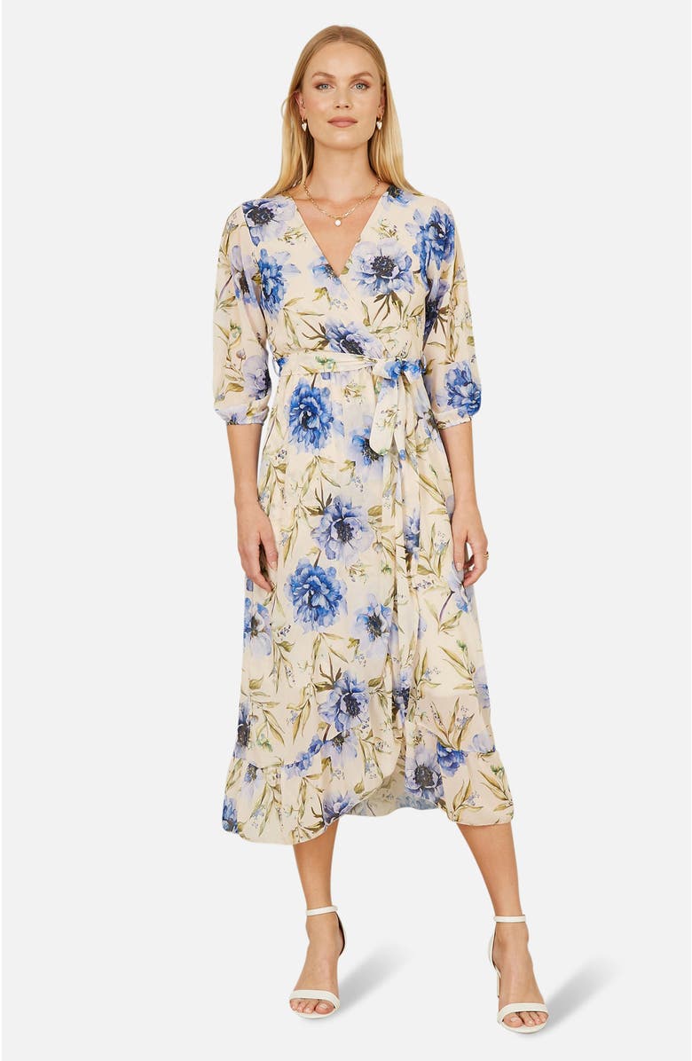 Yumi 3/4 Sleeve V-Neck Wrap Midi Dress, Main, color, Cream