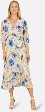 Yumi 3/4 Sleeve V-Neck Wrap Midi Dress