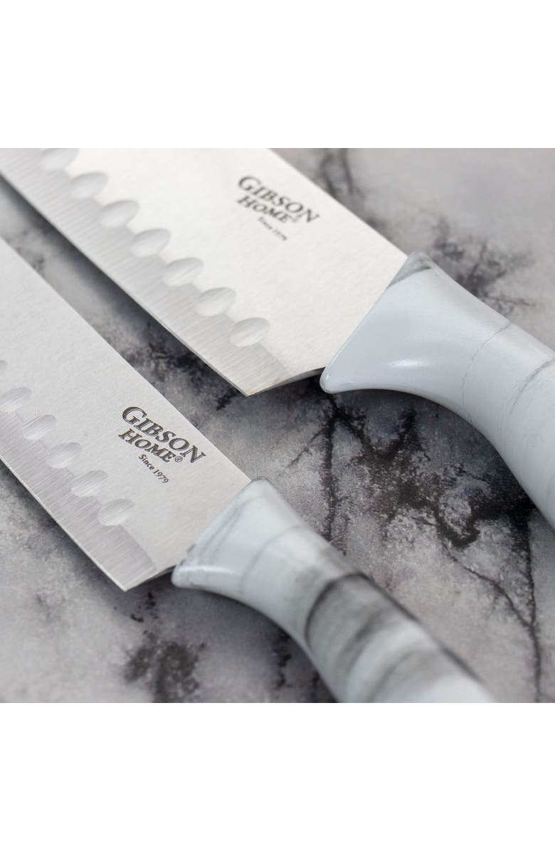 Gibson Home Beaumont 3 Piece Stainless Steel Santoku Knife Set with Cutting Board Marble, Alternate, color, White