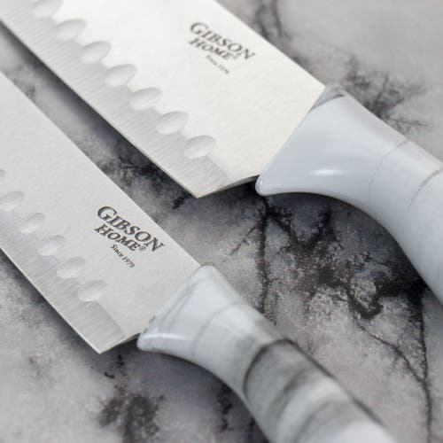Gibson Home Beaumont 3 Piece Stainless Steel Santoku Knife Set With Cutting Board Marble In Gray