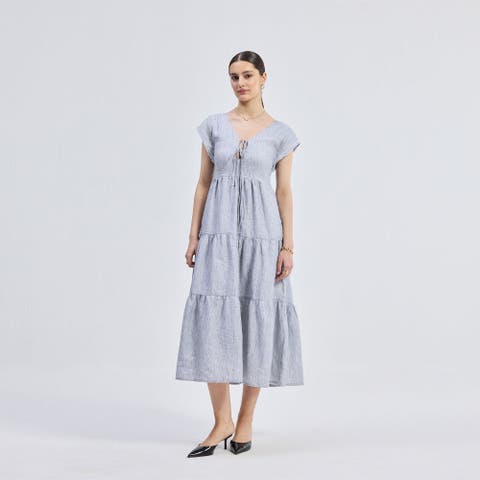 Womens Gathered Tiered Dress with Front-ties - Linen stripes X Large