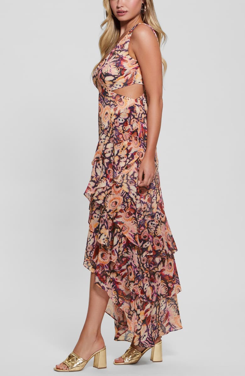 GUESS Leisha Sleeveless Ruffle High-Low Dress, Alternate, color, Multi Beige