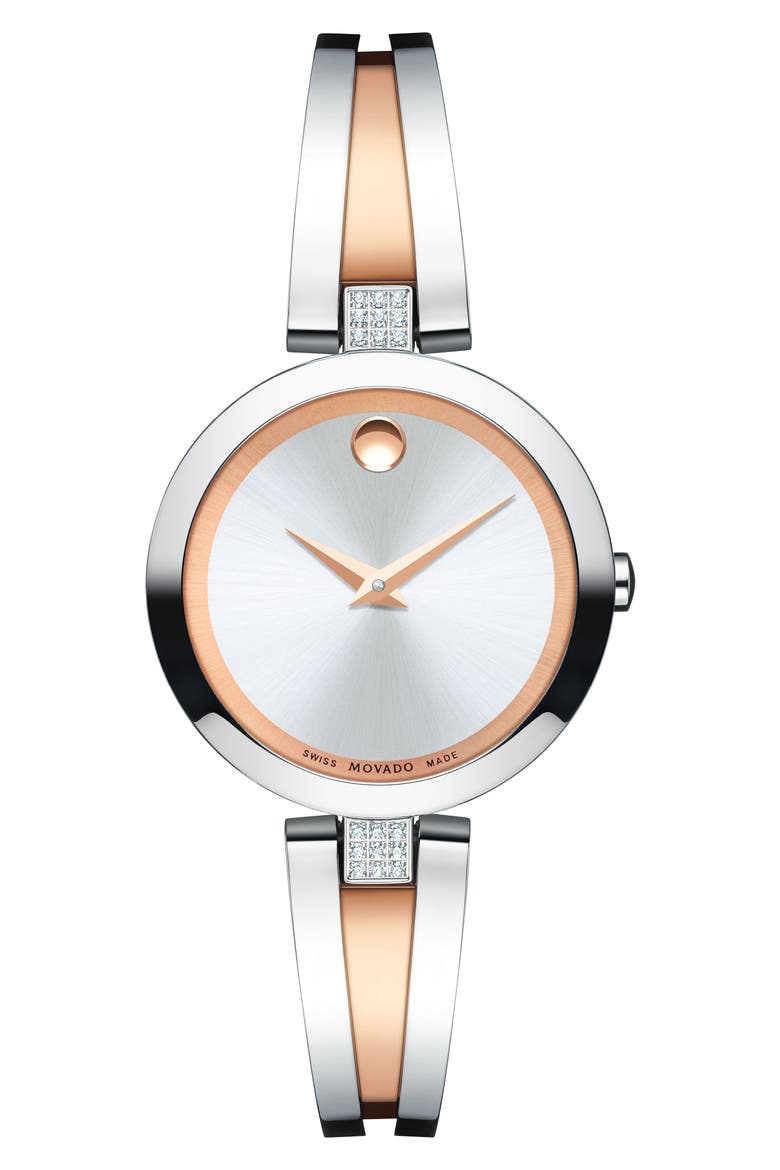 Aleena Diamond Bangle Watch, 27mm, Main, color, SILVER/ ROSE GOLD
