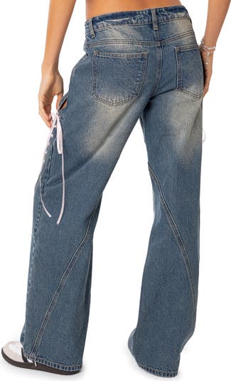 EDIKTED Lace-Up Knee Low Rise Wide Leg Jeans Nordstrom - Main Image