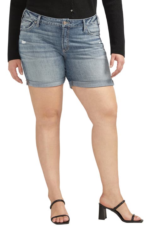 Distressed Luxe Stretch Boyfriend Roll Cuff Denim Shorts (Plus)