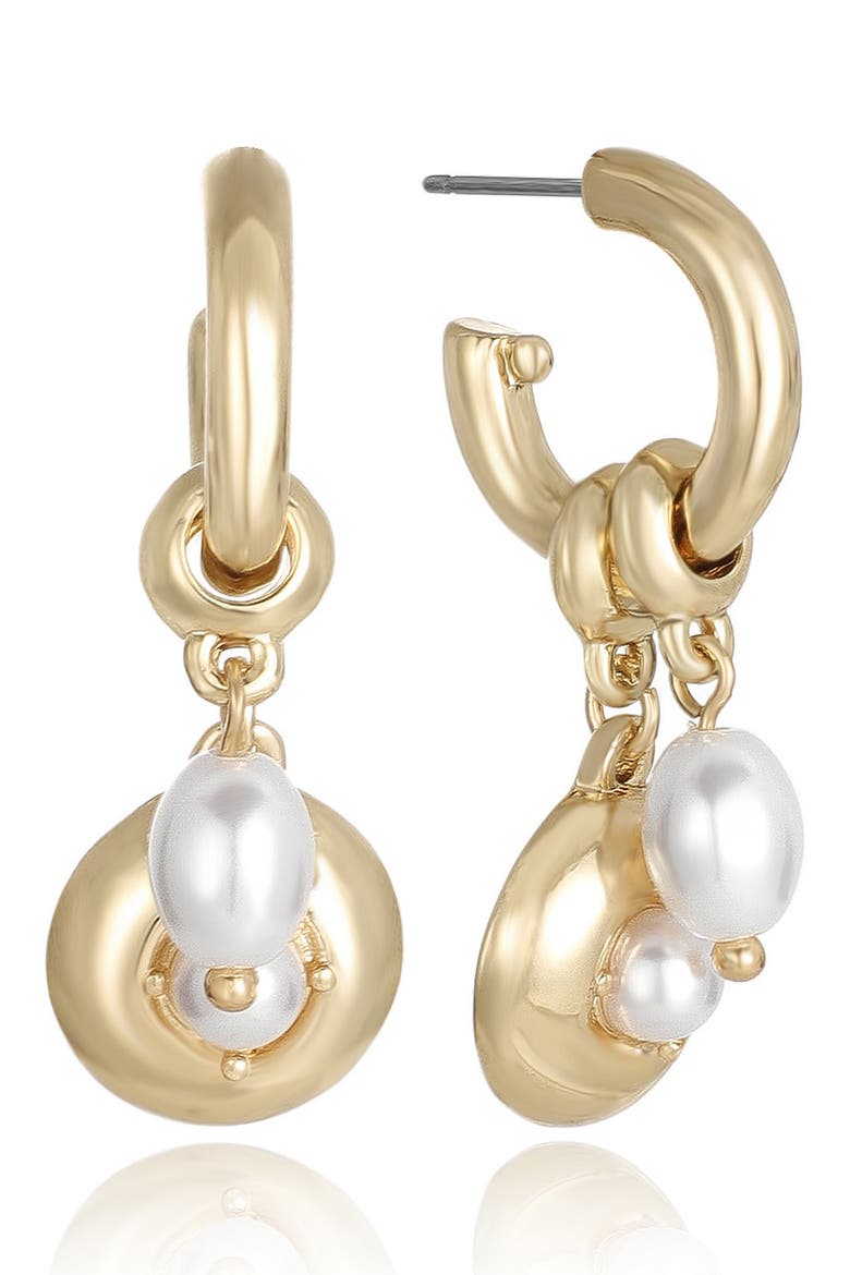 Faux Pearl Charm Huggie Hoop Earrings, Main, color, GOLD
