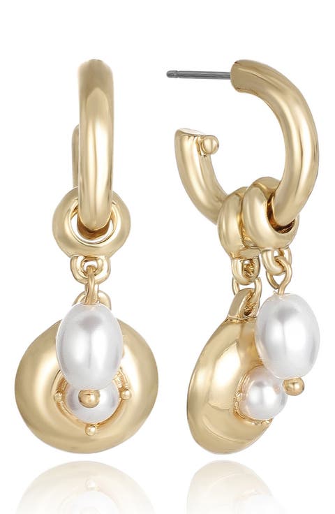 Faux Pearl Charm Huggie Hoop Earrings