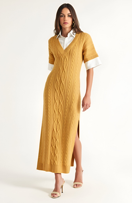 Modenaire Cable-knit Maxi Dress With Side Slit In Yellow