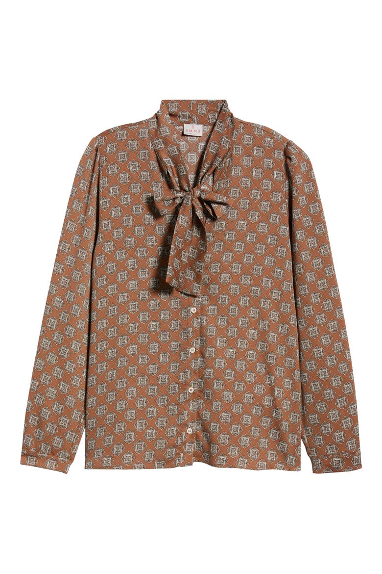 Tie Neck Long Sleeve Top, Alternate, color, BURNT BROWN TIE PRINT