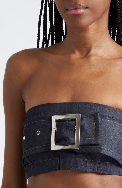 Sammy B Belted Strapless Denim Crop Top In Blue