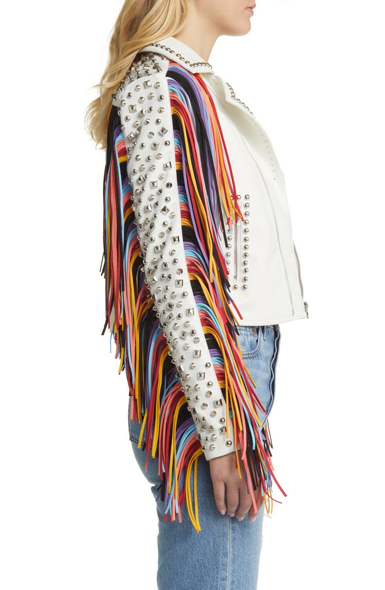 AZALEA WANG Rainbow Fringe Stud Detail Faux Leather Moto Jacket, Alternate, color, White Multi