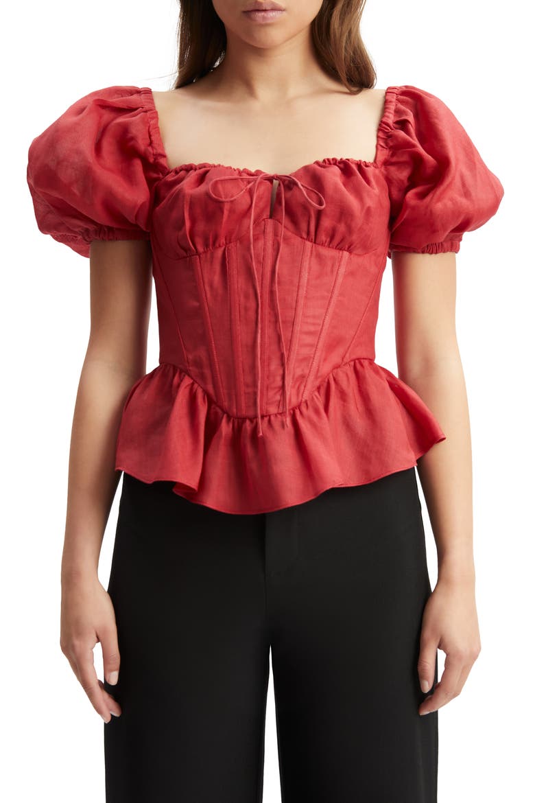 Esra Puff Sleeve Ramie Corset Top, Main, color, FIRE RED