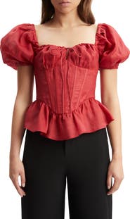 Bardot Esra Puff Sleeve Ramie Corset Top