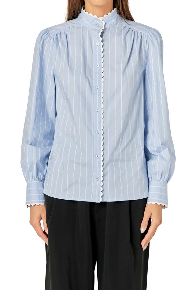 English Factory Stripe Scallop Trim Cotton Poplin Button-Up Shirt, Alternate, color, 