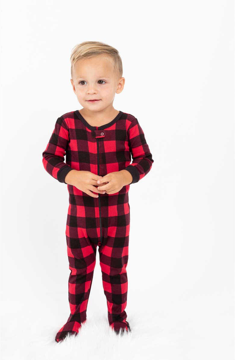 Leveret Kids Footed Plaid Cotton Matching Family Holiday Pajamas, Main, color, Plaid Black & Red