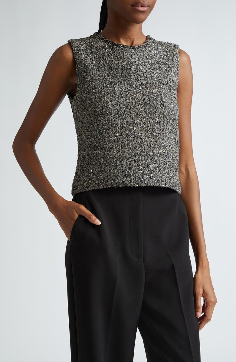 St. John Collection Sequin Metallic Knit Sleeveless Sweater, Main, color, 
