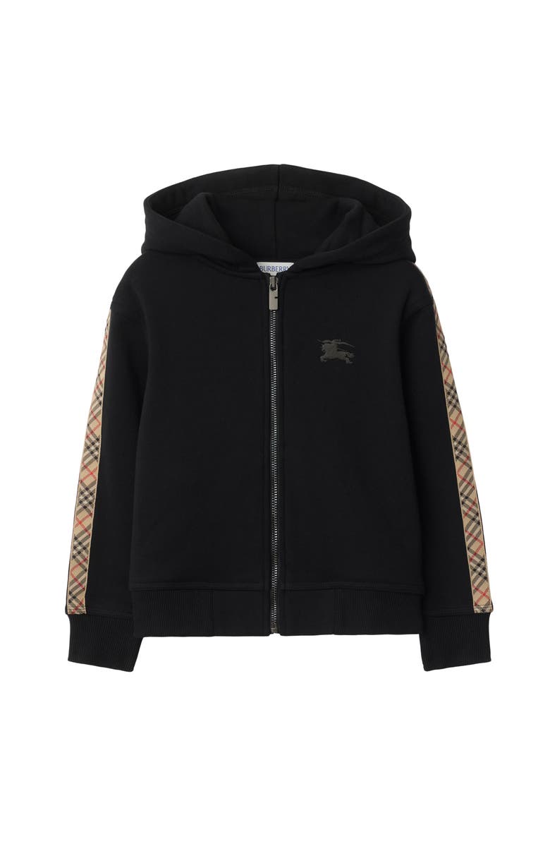 Burberry Check Trim Cotton Zip Hoodie, Main, color, Black