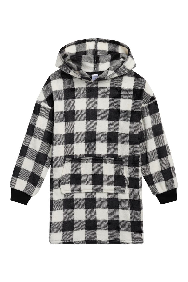Kids' Oversize Fleece Sleeper Hoodie, Main, color, IVORY BLACK BUFFALO PLAID