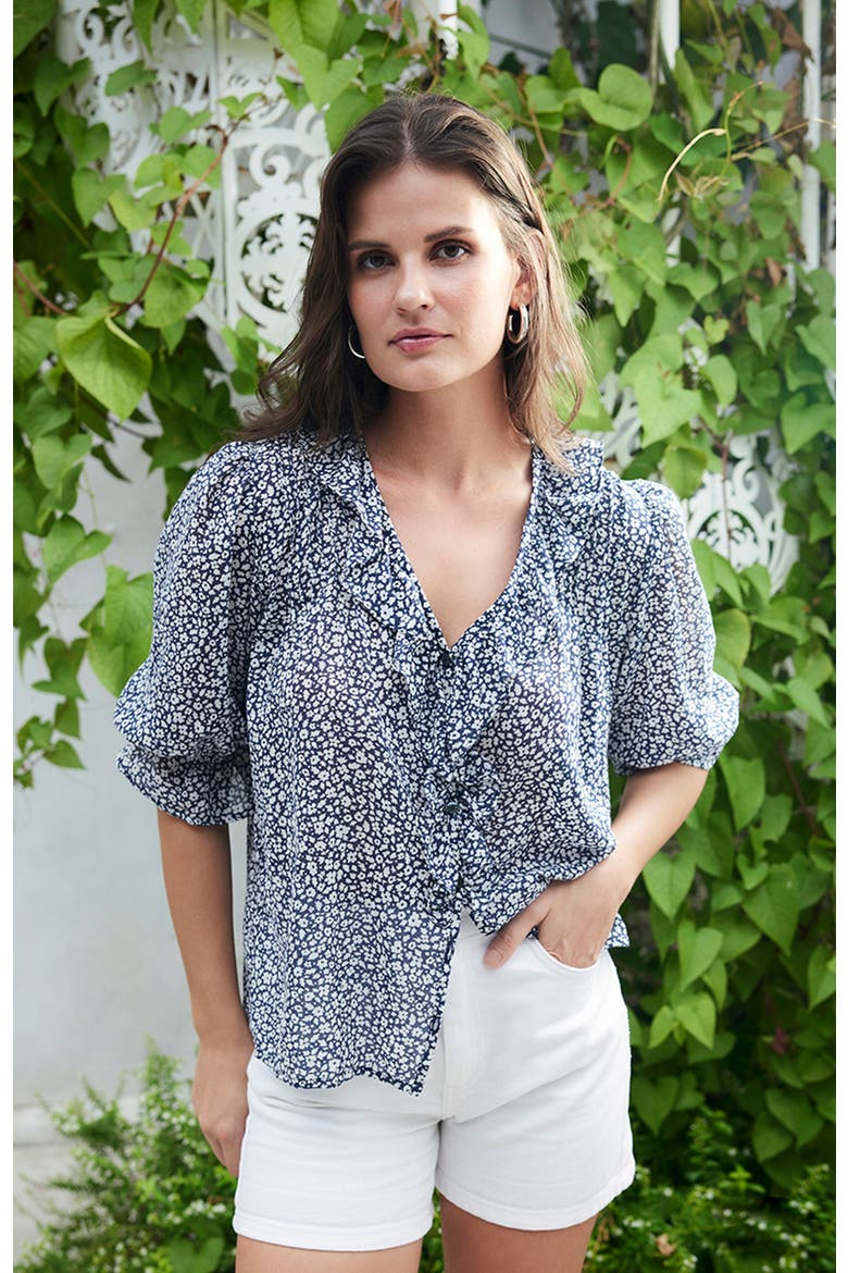 Chloe Ditsy Floral Ruffle Cotton Shirt, Alternate, color, Navy Vintage Bloom