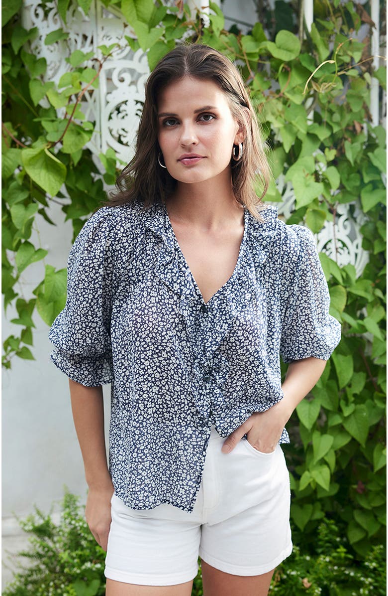 Paneros Clothing Chloe Ditsy Floral Ruffle Cotton Shirt, Alternate, color, Navy Vintage Bloom