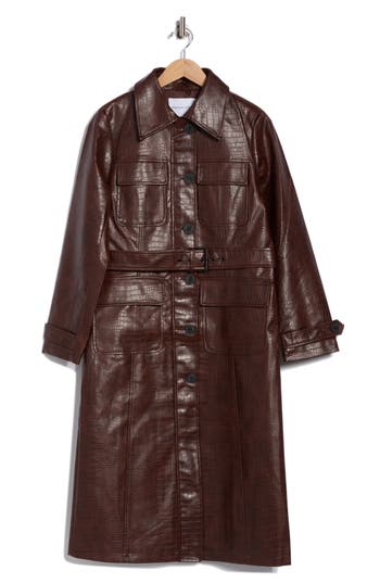 Rebecca Minkoff Croc Embossed Faux Leather Trench Coat In Brown